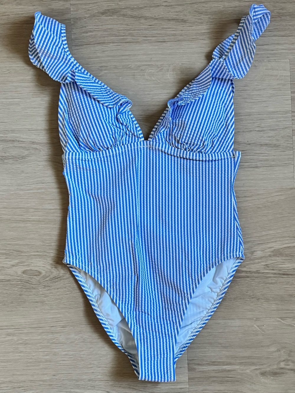 J. CREW | Seersucker Blue White Striped Ruffle One Piece Bathing Swim Suit NWT